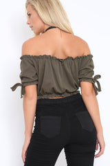Khaki Ribbed Frill Gypsy Top - Maysia