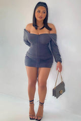 Grey Ribbed Ruched Centre Mini Dress - Nahlia