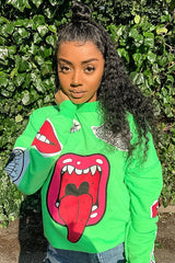 Neon Green Eyes Lips Printed Sweatshirt - Beckie