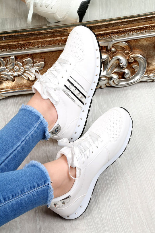 White Studded Ribbon Lace Up Trainers - Mckynley
