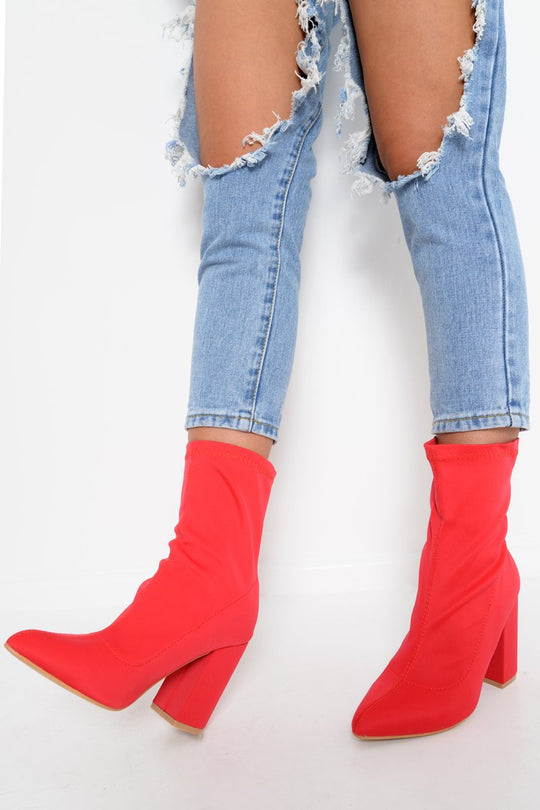Red Stretchy Pointed Toe Block Heeled Boots - Meah