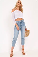 Light Wash Denim Frayed Hem Mom Jeans - Meena