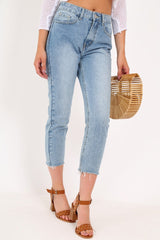 Light Wash Denim Frayed Hem Mom Jeans - Meena