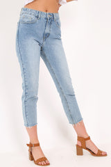 Light Wash Denim Frayed Hem Mom Jeans - Meena