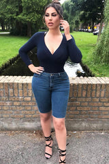 Dark Wash Raw Hem Longline Denim Shorts - Melissa