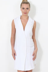 White Double Breasted Sleeveless Dress -Meg