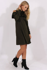 Khaki Cold Shoulder Frill Layer Swing Dress - Megan