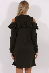 Khaki Cold Shoulder Frill Layer Swing Dress - Megan
