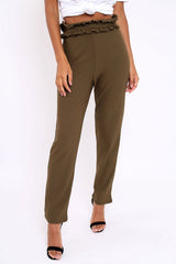 Khaki Frill Hem Wide Legged Trousers - Megan