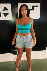 Turquoise Satin Cowl Neck Lace Up Back Crop Top - Kamsi