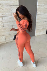 Coral Purple Stripe Detail Tie Waist Sweatshirt and Jogger Set - Zamiya