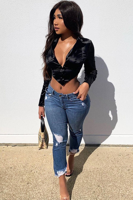 Black Satin Corset Detail Plunge Blouse - Myha
