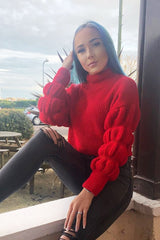 Red Knitted Puff Arm High Neck Jumper - Lola