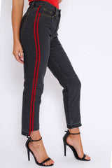Black Mid Wash Seam Red Side Stripe Mom Jeans - Meili