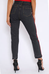 Black Mid Wash Seam Red Side Stripe Mom Jeans - Meili