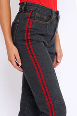 Black Mid Wash Seam Red Side Stripe Mom Jeans - Meili