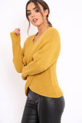 Mustard Wrap Front Cable Knit Jumper - Melia