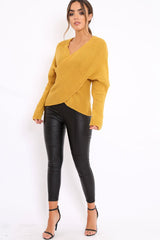 Mustard Wrap Front Cable Knit Jumper - Melia