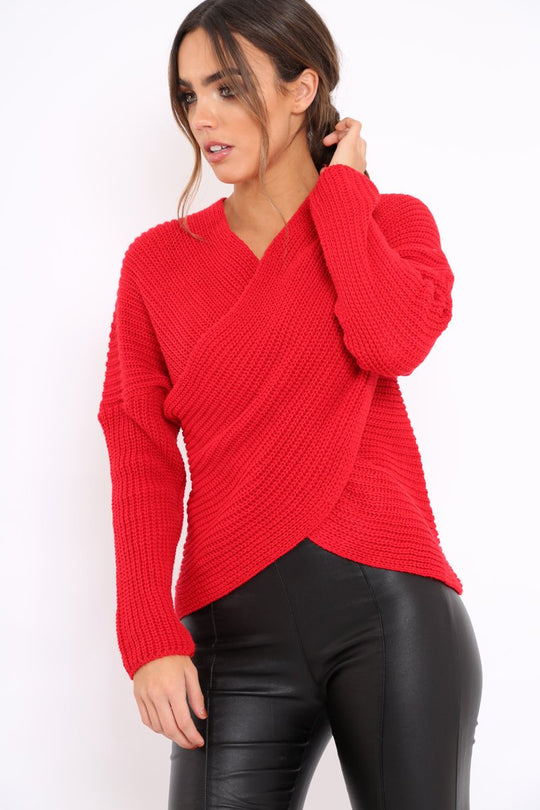 Red Wrap Front Cable Knit Jumper - Melia