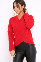 Red Wrap Front Cable Knit Jumper - Melia