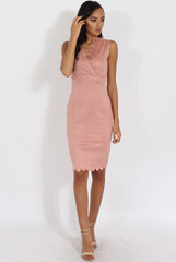 Pink Suede Scallop Hem Midi Dress - Melina
