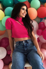 Pink Rib High Neck Crop Top - Talina