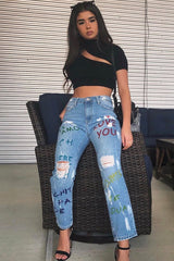 Light Wash Love Graffiti Print Distressed Boyfriend Jeans - Maggie