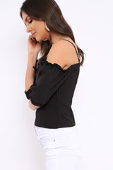 Black Lace Up Front Cold Shoulder Top - Merci