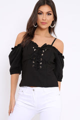 Black Lace Up Front Cold Shoulder Top - Merci