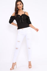 Black Lace Up Front Cold Shoulder Top - Merci