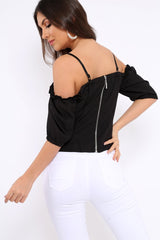 Black Lace Up Front Cold Shoulder Top - Merci