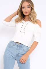 Cream Lace Up Front Cold Shoulder Top - Merci