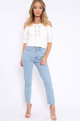 Cream Lace Up Front Cold Shoulder Top - Merci