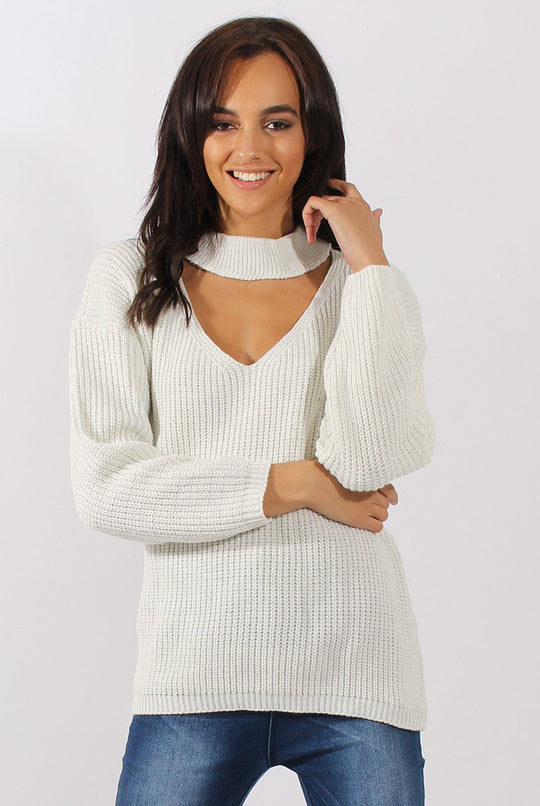 White Sparkle Knitted Cut Out Front Jumper - Meri