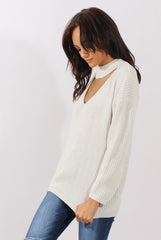 White Sparkle Knitted Cut Out Front Jumper - Meri