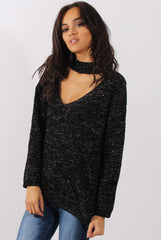 Black Sparkle Knitted Cut Out Front Jumper - Meri