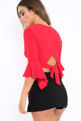 Red Plunge Bell Sleeve Crop Top - Merla