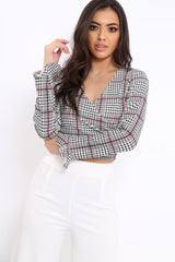 Hound-Tooth Plunge Bell Sleeve Crop Top - Kryanna