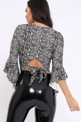 Green Snake Print Plunge Bell Sleeve Crop Top - Merla