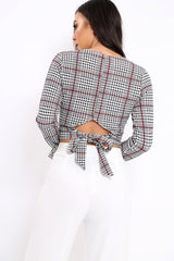 Hound-Tooth Plunge Bell Sleeve Crop Top - Kryanna