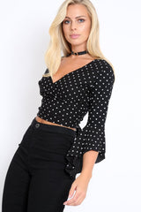 Black Polka Dot Plunge Bell Sleeve Crop Top - Merla