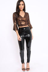 Bronze Metallic Plunge Bell Sleeve Crop Top - Merla