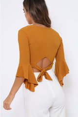 Mustard Plunge Bell Sleeve Crop Top - Merla