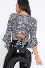 Black and White Snake Print Plunge Bell Sleeve Crop Top - Merla