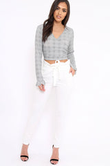 Tartan Plunge Bell Sleeve Crop Top - Merla