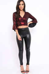 Wine Metallic Plunge Bell Sleeve Crop Top - Merla