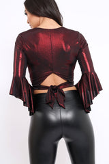 Wine Metallic Plunge Bell Sleeve Crop Top - Merla