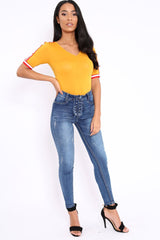Mustard V Neck Tee with Contrast Sleeve Trim - Meryl