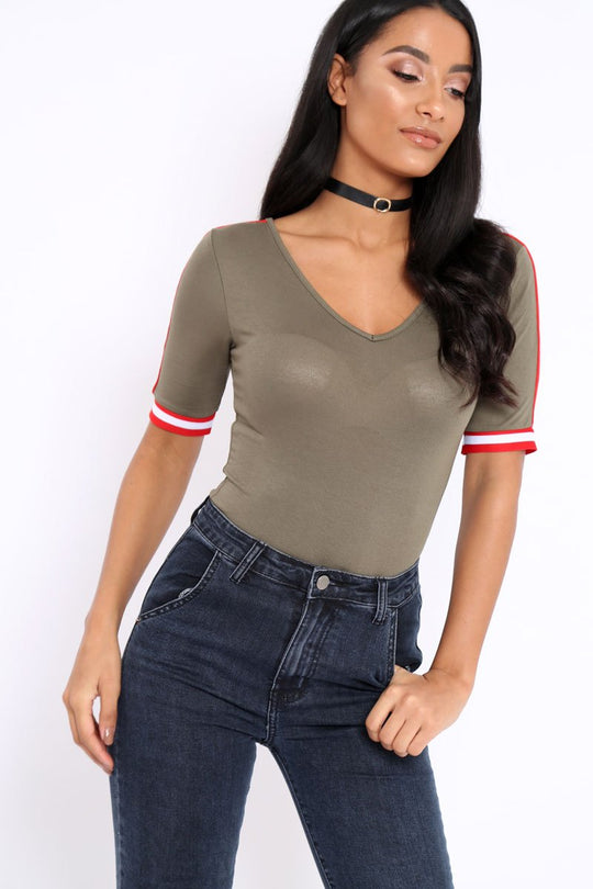 Khaki V Neck Tee with Contrast Sleeve Trim - Meryl