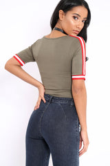 Khaki V Neck Tee with Contrast Sleeve Trim - Meryl